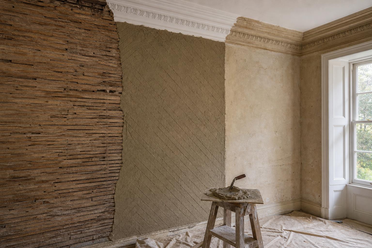 Georgian room mid-repair: riven oak laths, haired lime scratch coat, and a run cornice with a new section beside the original