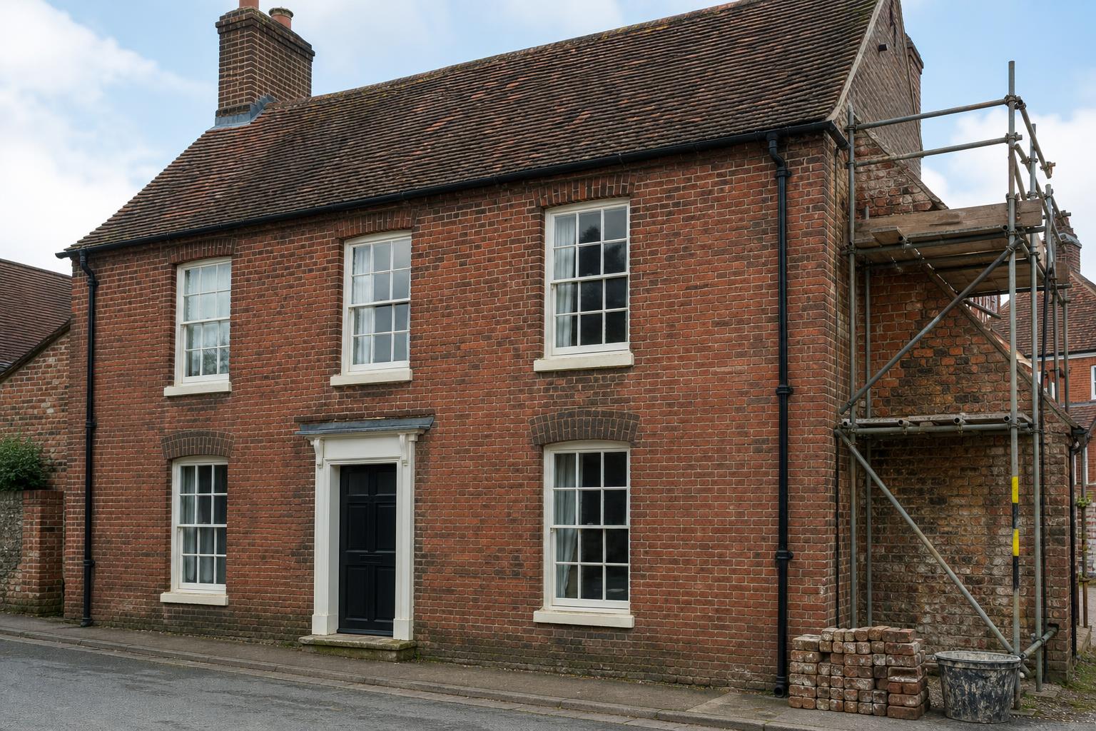 Listed early Georgian brick house with sash windows and hand-made clay tiles, a small scaffold ready for repair works