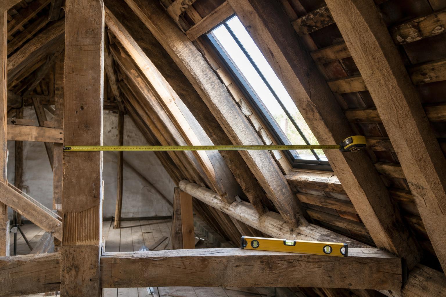 Tape measure stretched across historic roof timbers to measure the opening for a conservation rooflight