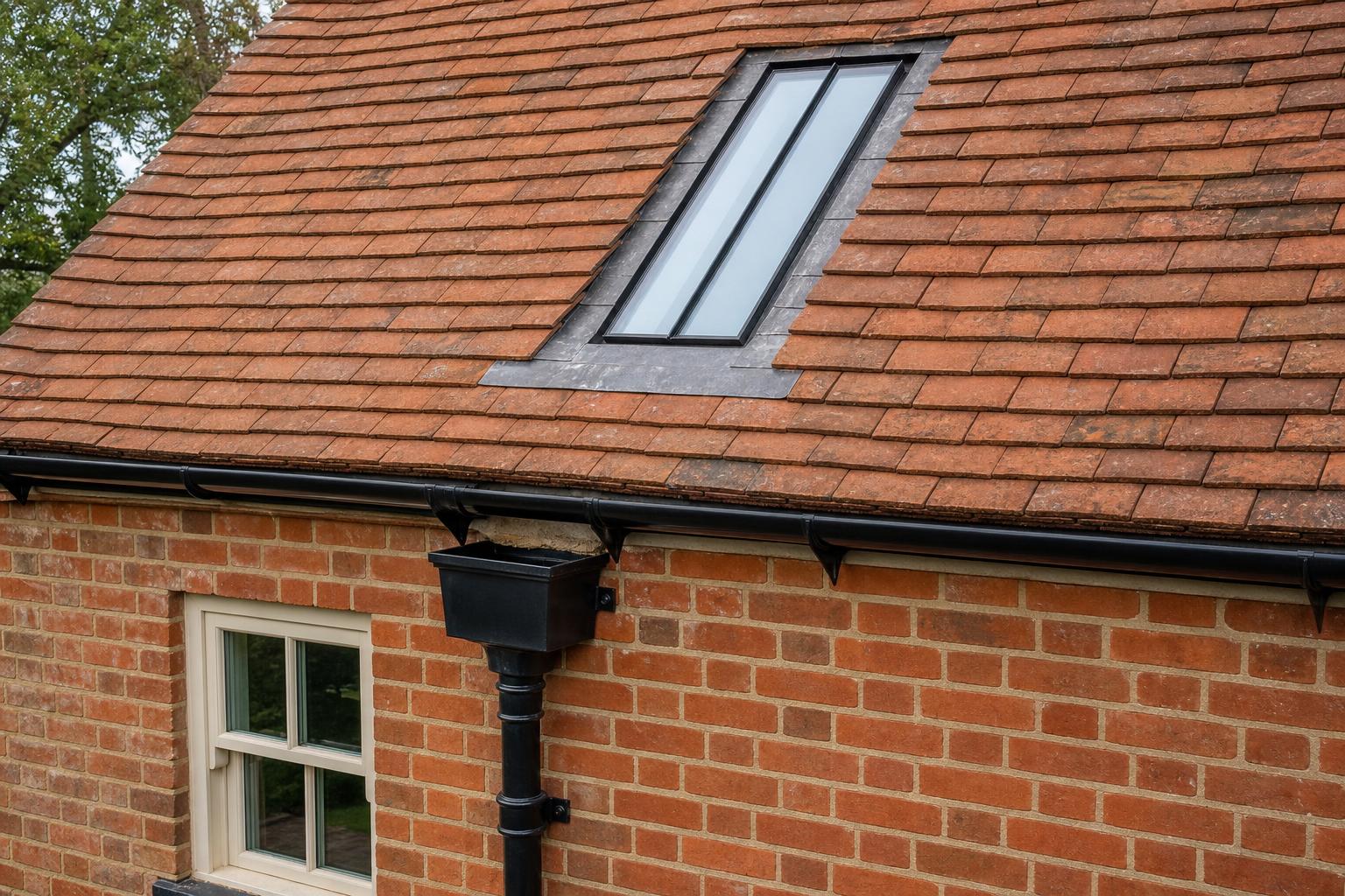 Black steel conservation rooflight above a black cast iron gutter and hopper head on a clay tile roof