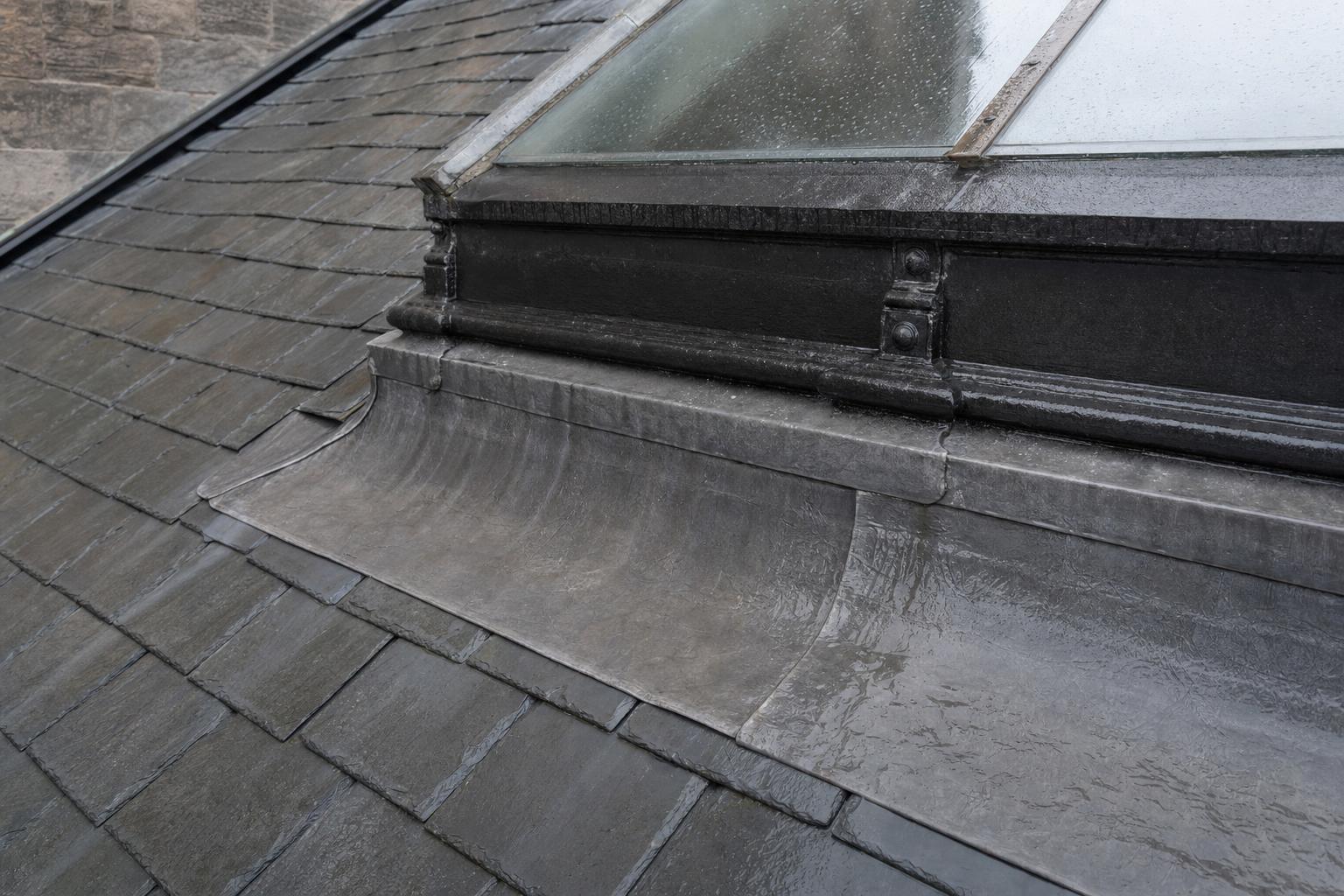 A lead apron dressed over slate courses at the foot of a cast iron rooflight in the wet.