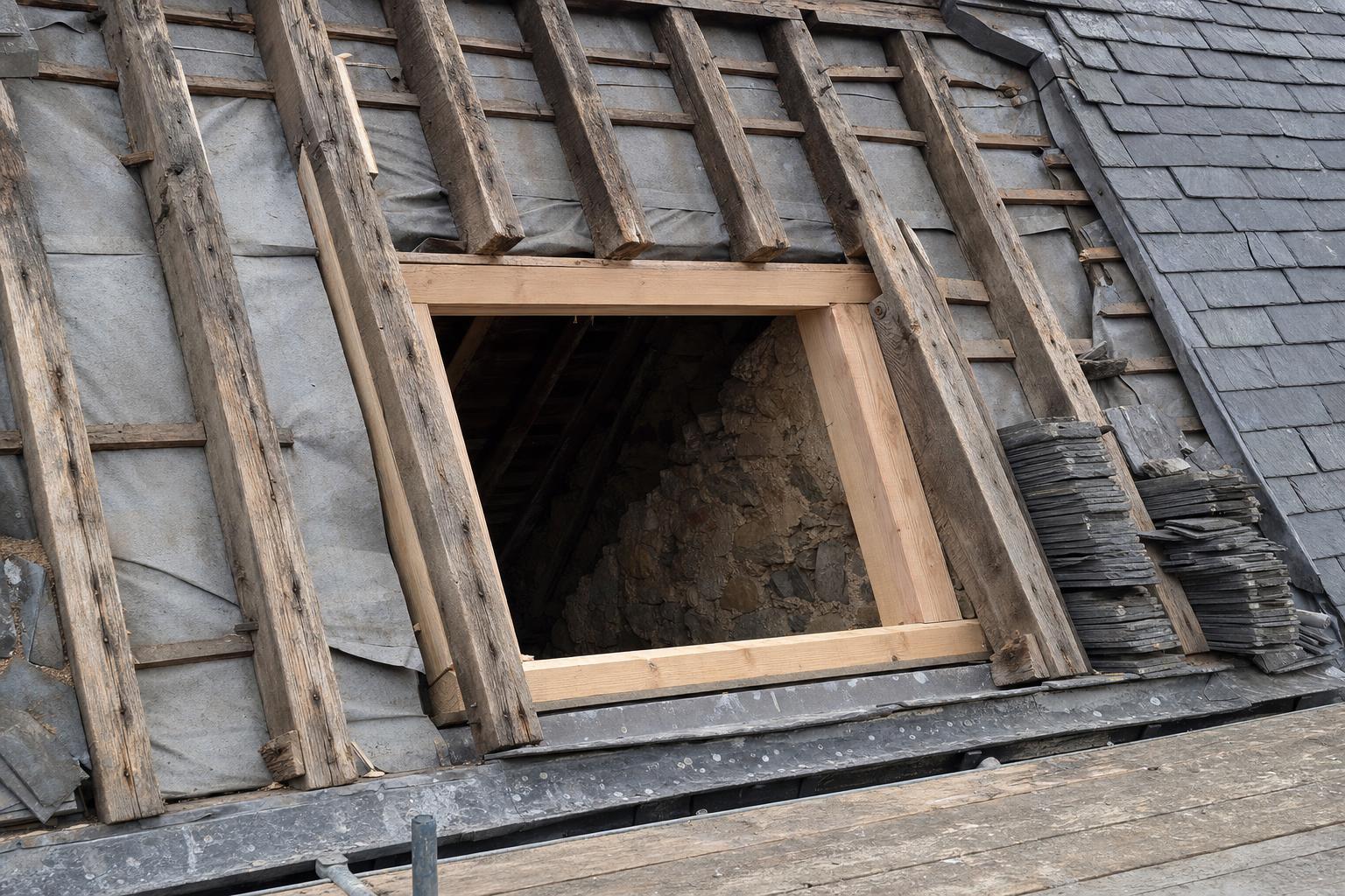 Exposed historic roof timbers and new trimmers around a newly formed rooflight opening on a stripped slate roof.