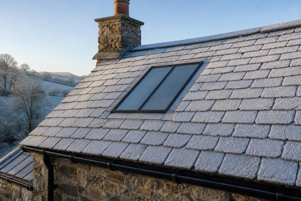 Frost on a slate roof around a slim black steel conservation rooflight, with the glass clear of frost