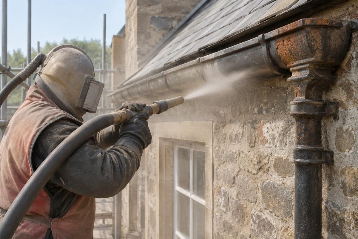 Sandblasting cast-iron gutters.