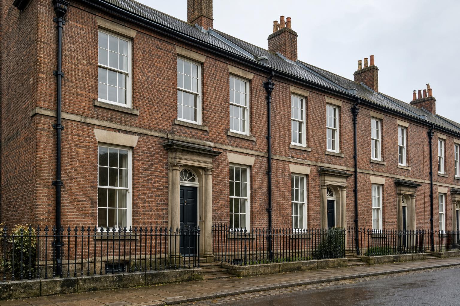 Georgian brick terrace with sash windows, cast iron railings, hopper head and downpipe, and a Welsh slate roof