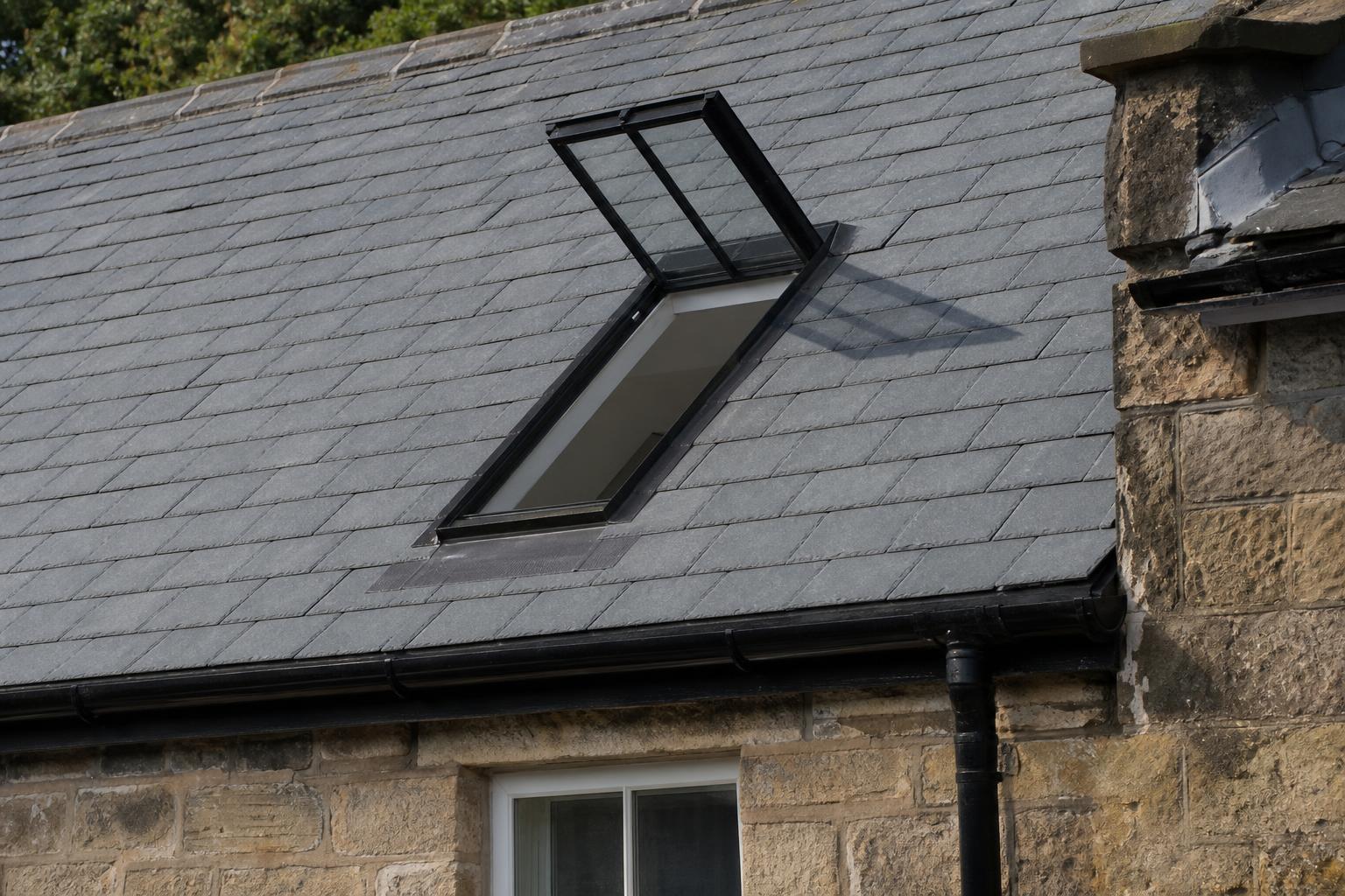 Top-hung black steel conservation rooflight propped open in a Welsh slate roof, viewed from outside