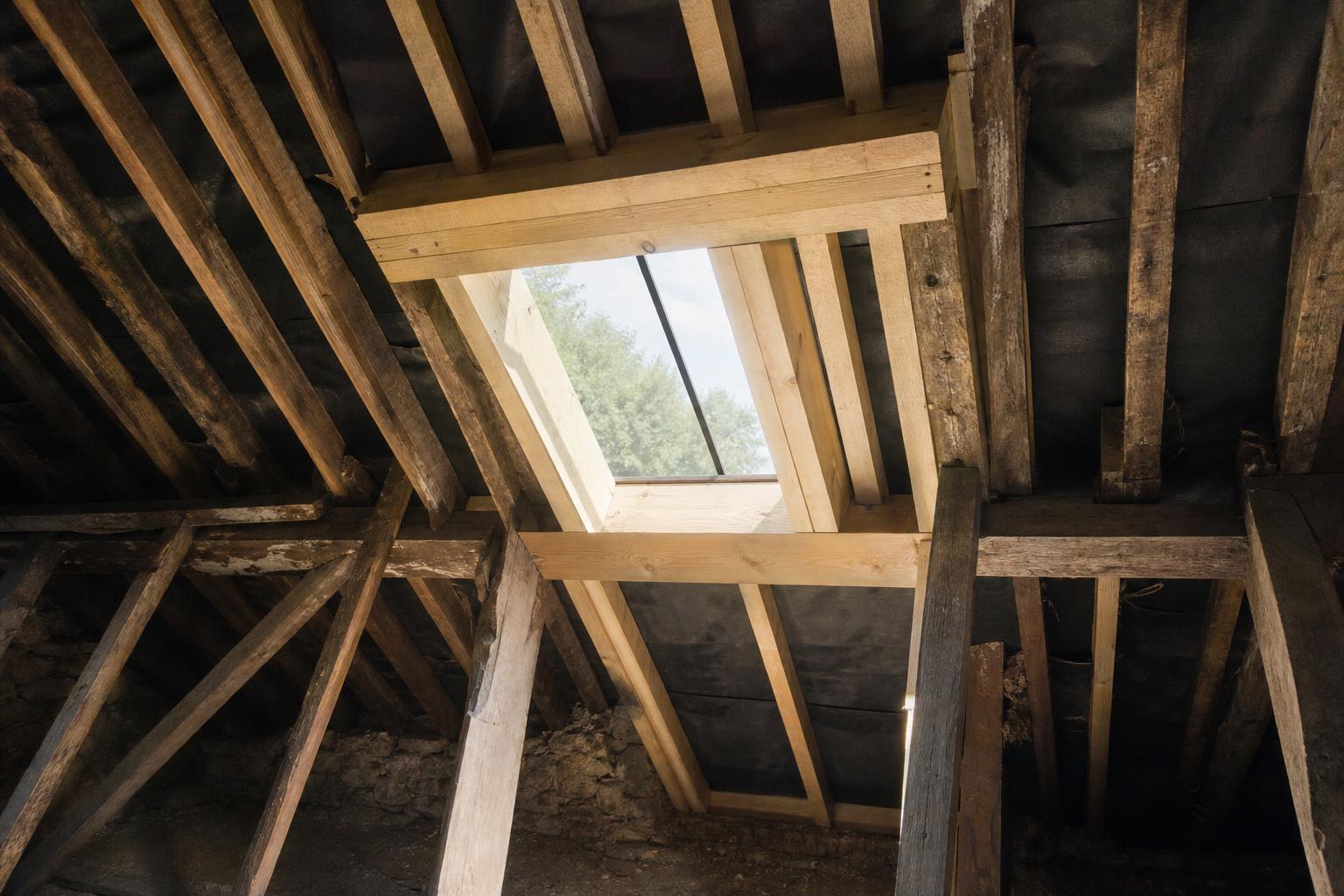 Trimmed oak rafters with doubled rafters and trimmers framing a new rooflight opening in a traditional roof
