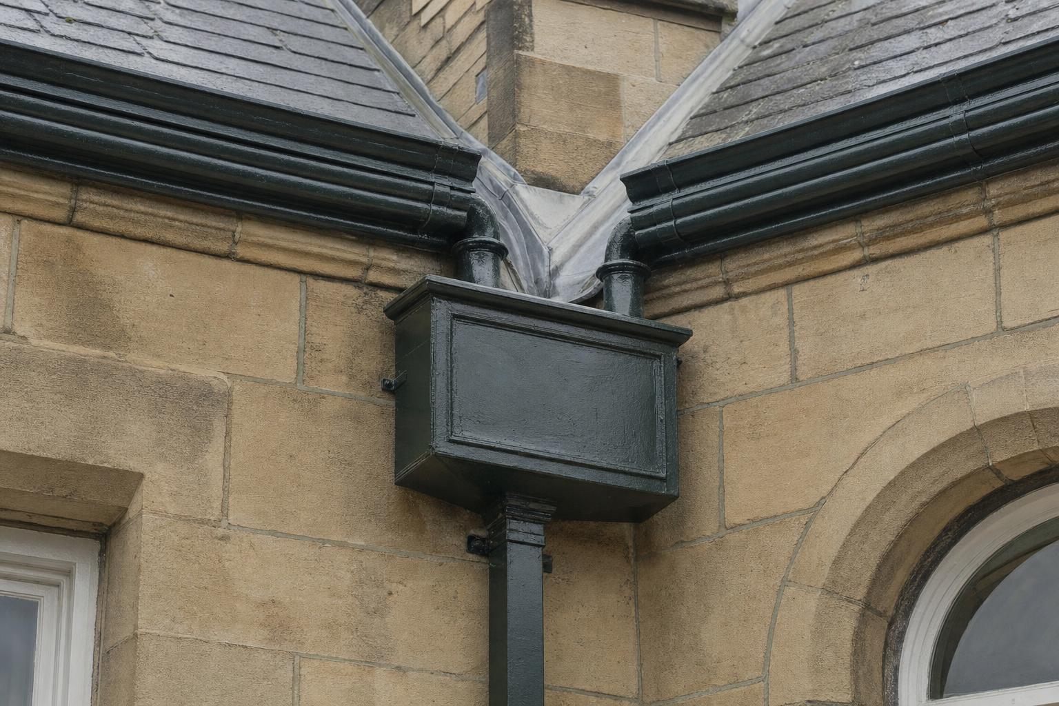 A large rectangular cast iron hopper head receiving water from two gutter outlets at the junction of two roofs on a stone building.
