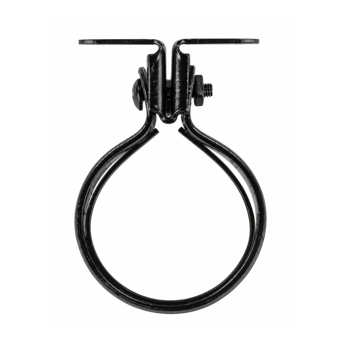 Black steel screw-to-wall strap bracket with rubber gasket, a hinged two-part ring that clamps around a round cast iron downpipe and fixes back to the wall