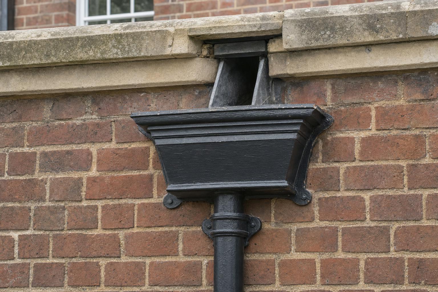 An ornamental cast iron hopper head collecting water from a parapet outlet above a round cast iron downpipe on a Georgian brick wall.