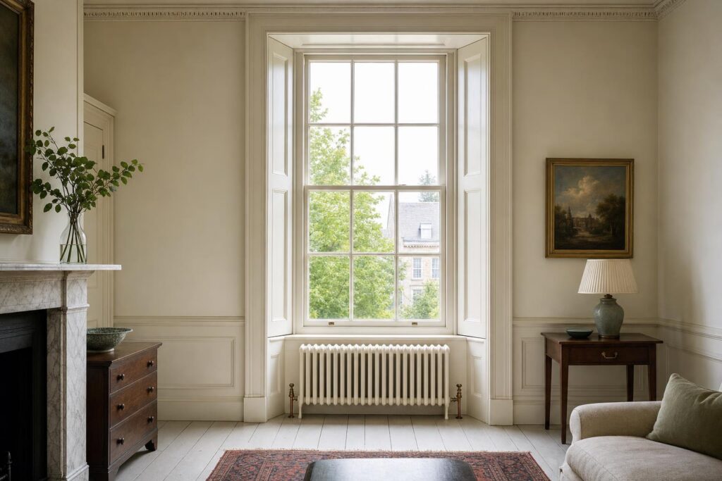 Plain cast iron column radiator painted to match the panelling beneath a tall Georgian sash window with folding shutters.