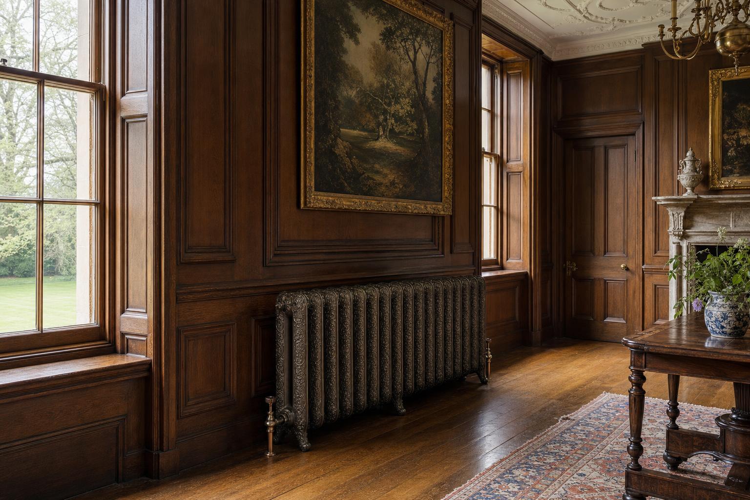 Ornate three-column cast iron radiator against oak panelling in the principal room of a listed country house.