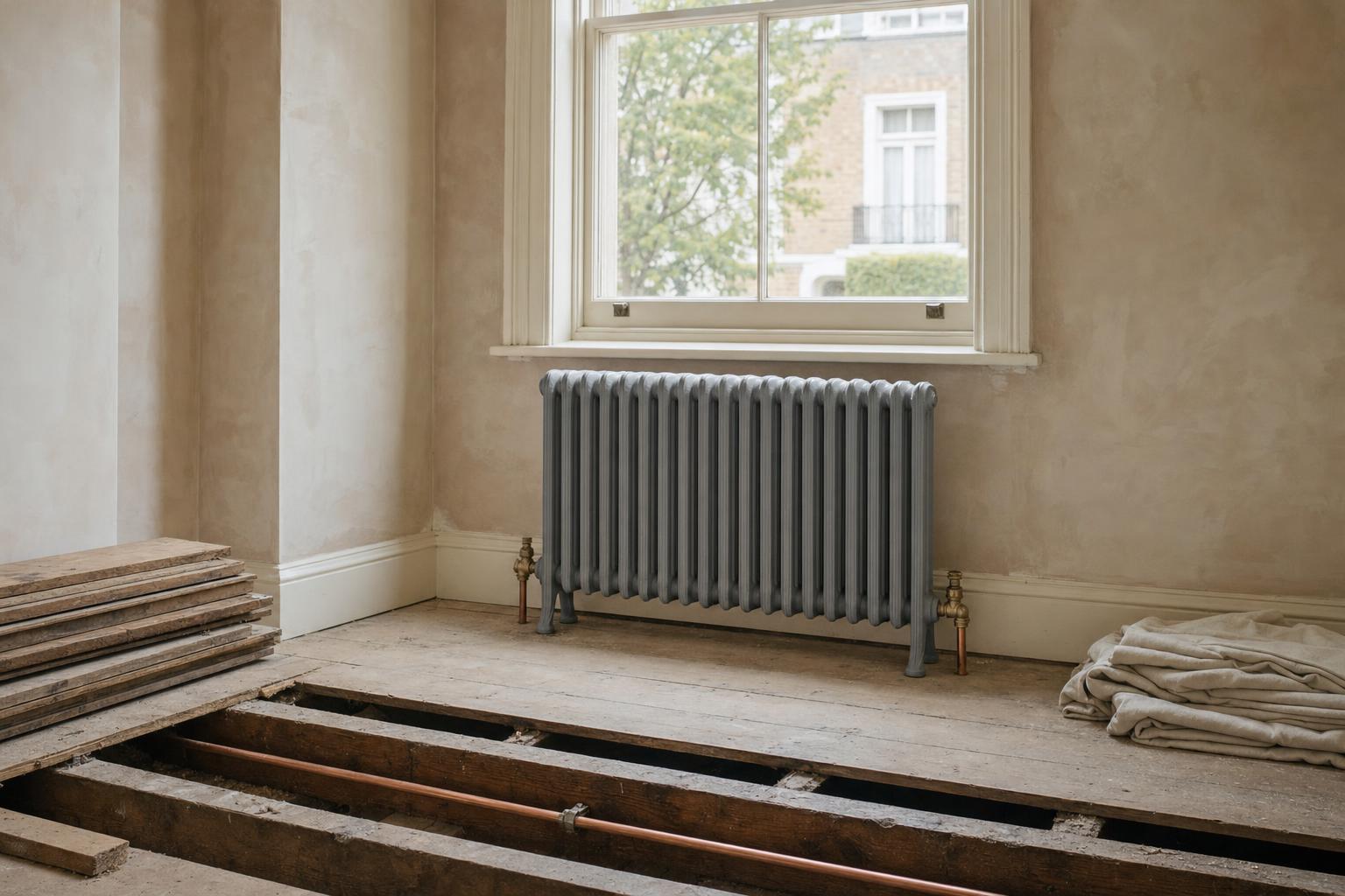 Primed cast iron column radiator standing in a period room under renovation, with floorboards lifted along a joist for new pipework.