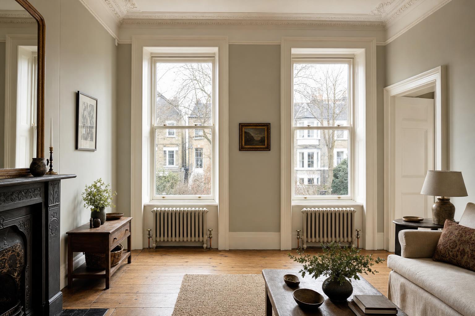 Two matching cast iron column radiators beneath a pair of sash windows in a high-ceilinged Victorian sitting room.