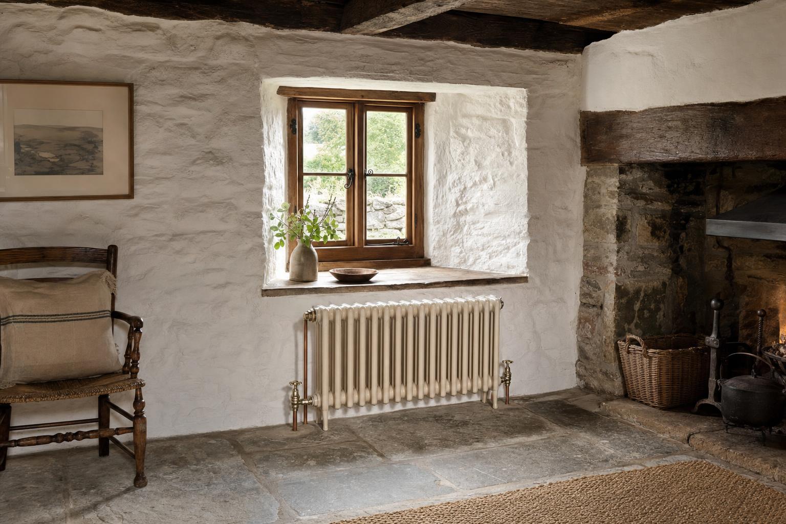 Low cream cast iron column radiator beneath a deep-set window in a thick-walled stone cottage.