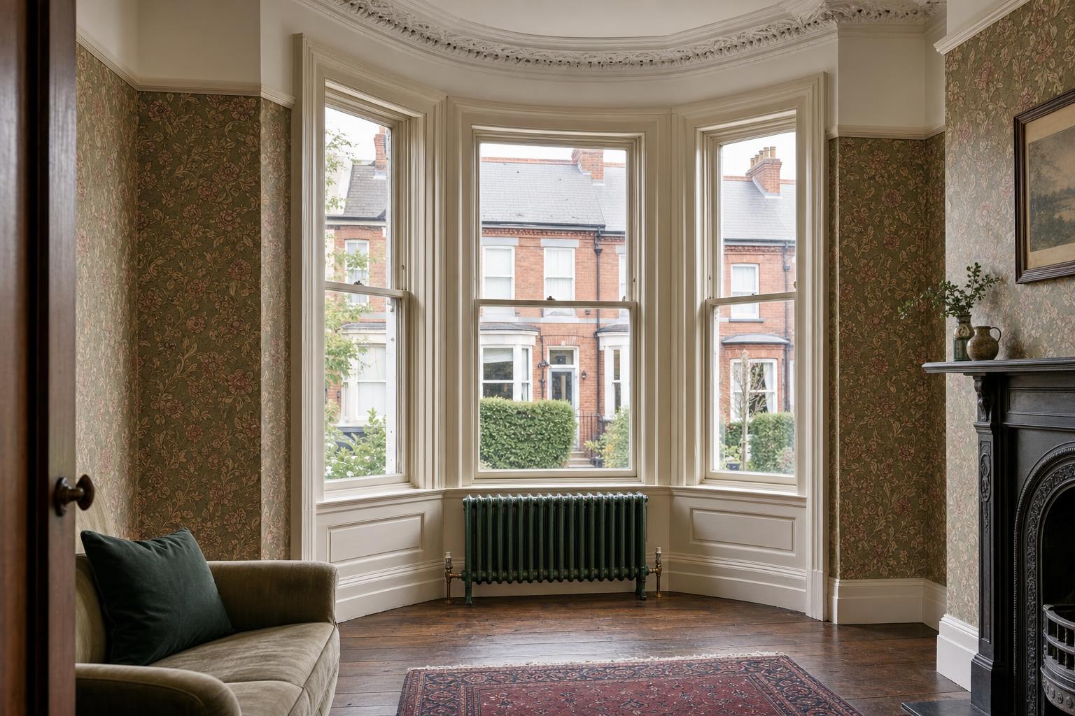 Low four-column cast iron radiator in the bay window of a Victorian terraced house parlour.
