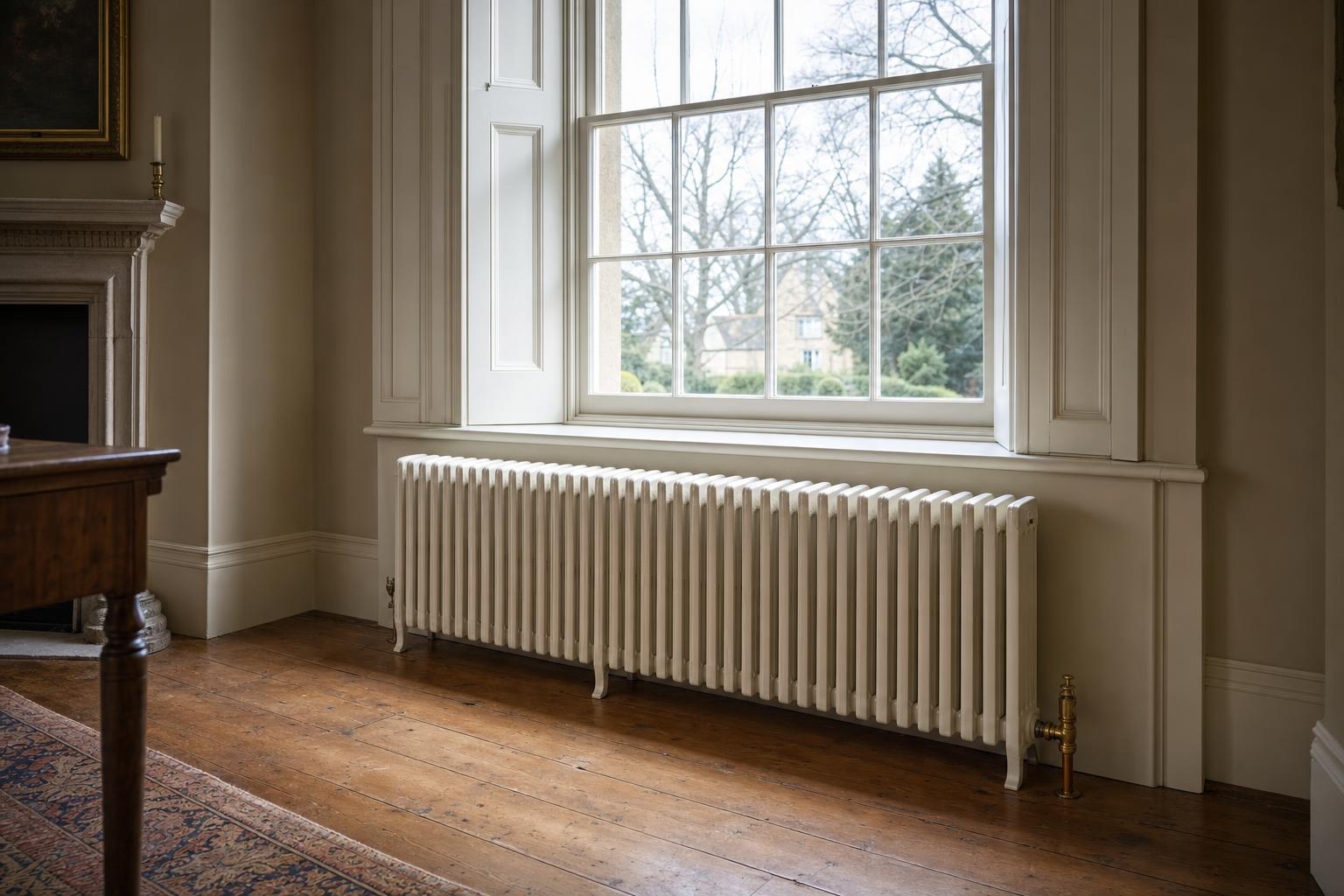 Cast iron column radiator beneath a tall sash window in a panelled Georgian room with brass angled valves.