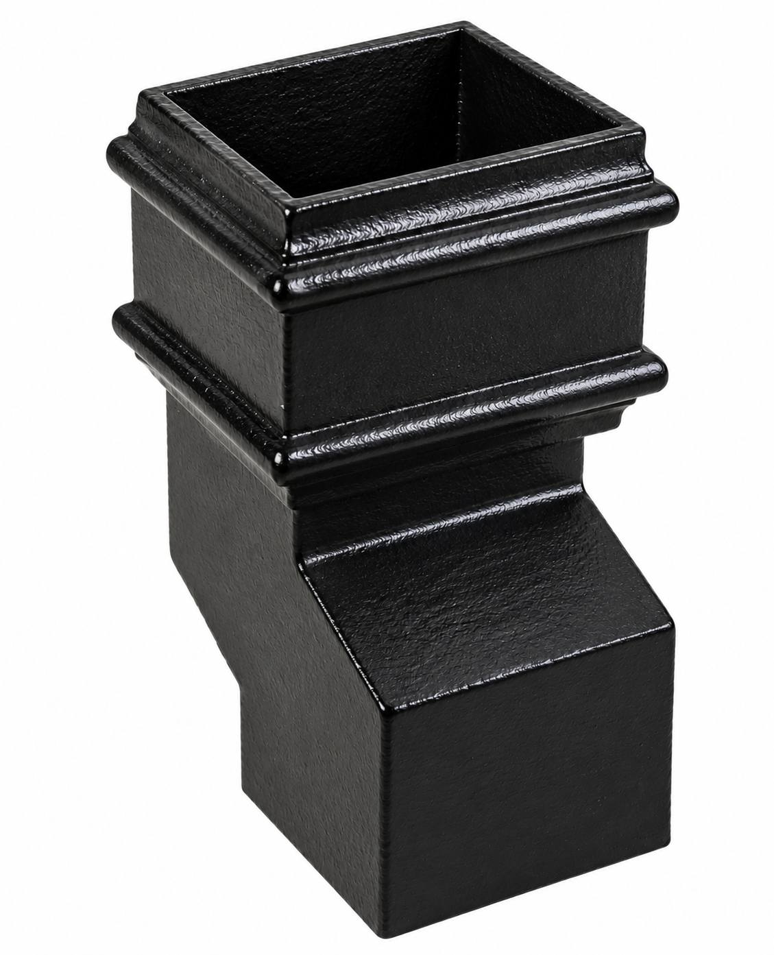 Cast iron rectangular downpipe anti-splash shoe, plain un-eared socket with moulded bands, black painted finish