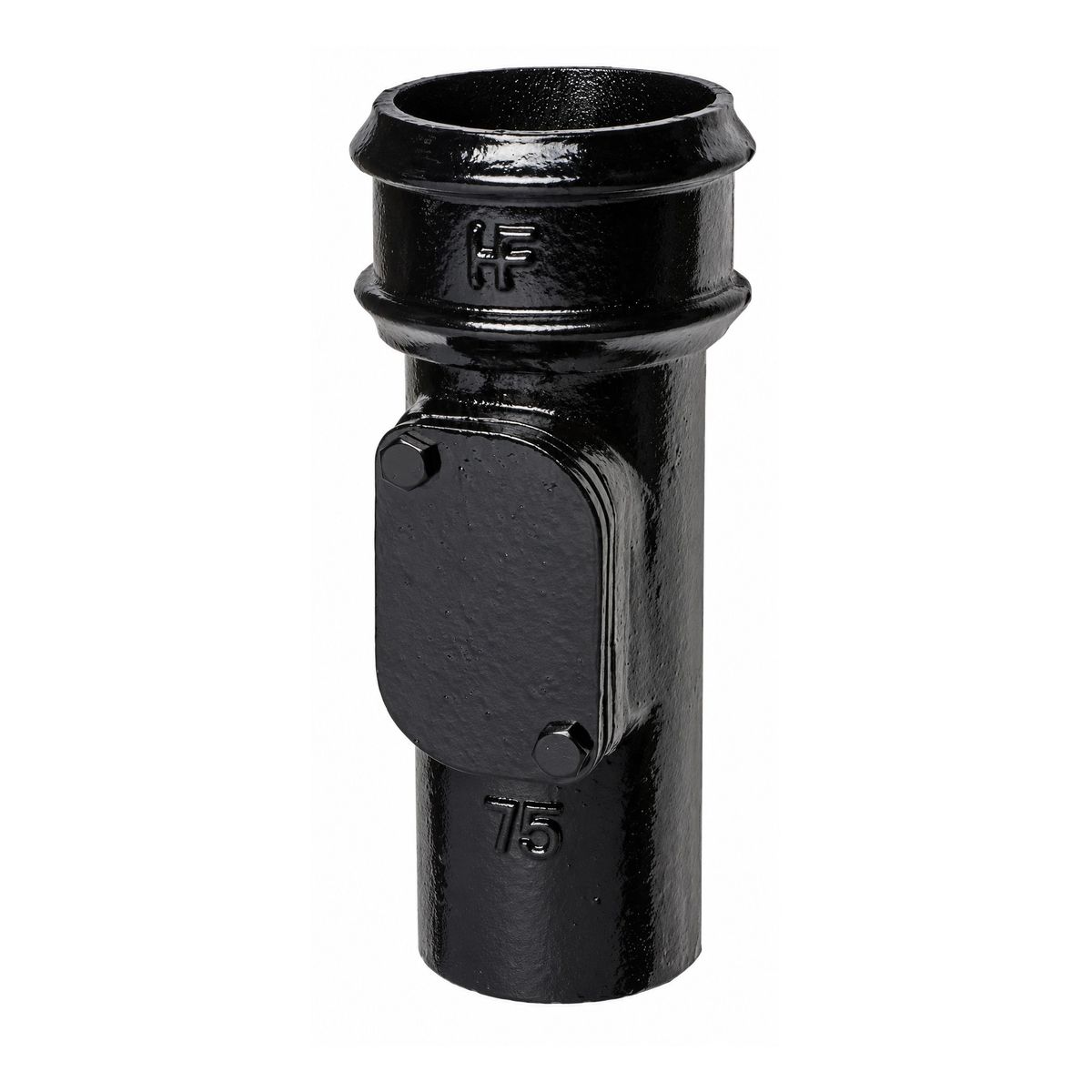 Cast iron round access pipe, plain un-eared socket with a bolted rectangular inspection door on the pipe body, black finish