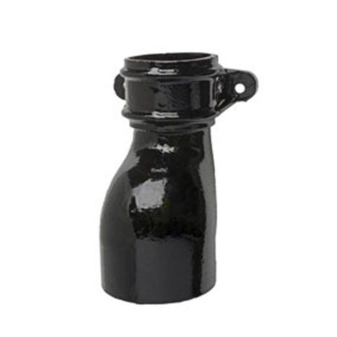 Cast iron round downpipe anti-splash shoe with cast fixing ears on the socket, tapering to a flattened angled outlet, black gloss finish