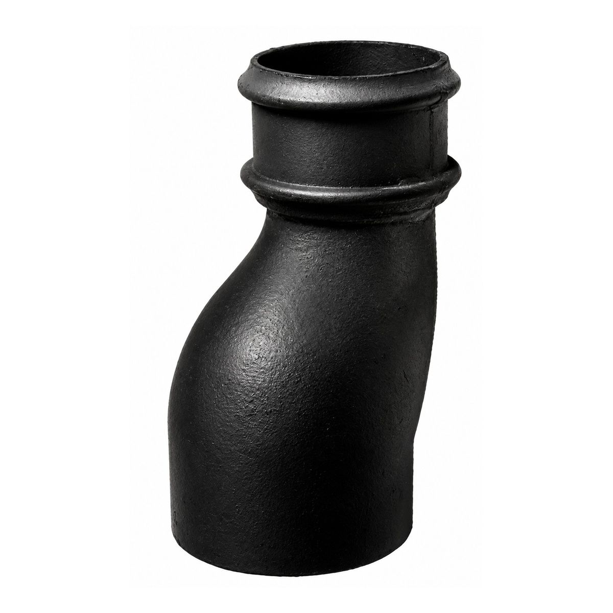 Cast iron round downpipe anti-splash shoe, plain un-eared socket with moulded bead, tapering to an angled flattened outlet, black finish