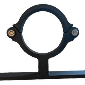 Black cast iron screw-to-wall holderbat for round downpipe, front view: split ring bolted at both ears on a stem with a two-hole wall plate
