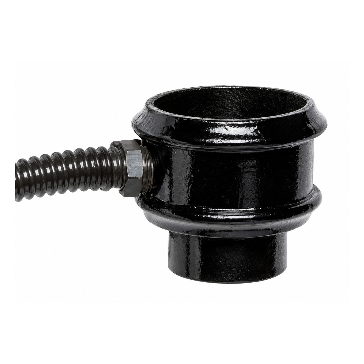 Cast iron rain diverter for a round downpipe, a plain socketed collar section with a side outlet and flexible hose for filling a water butt, black finish