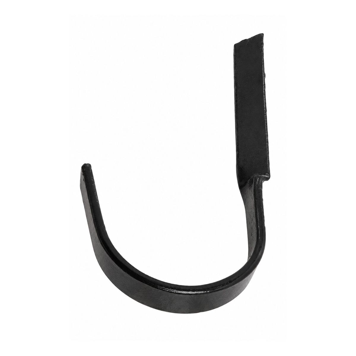 Black steel holdfast for round downpipes, a curved strap with a straight spike that is driven or built into the masonry joint to retain a cast iron pipe