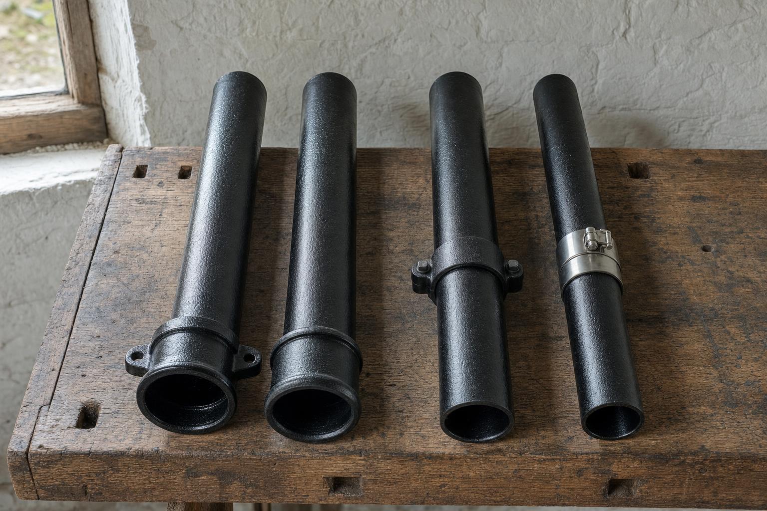 Four lengths of black cast iron soil pipe on a foundry workbench showing an eared socket, a plain socket, a bolted cast iron collar and a stainless steel band coupling