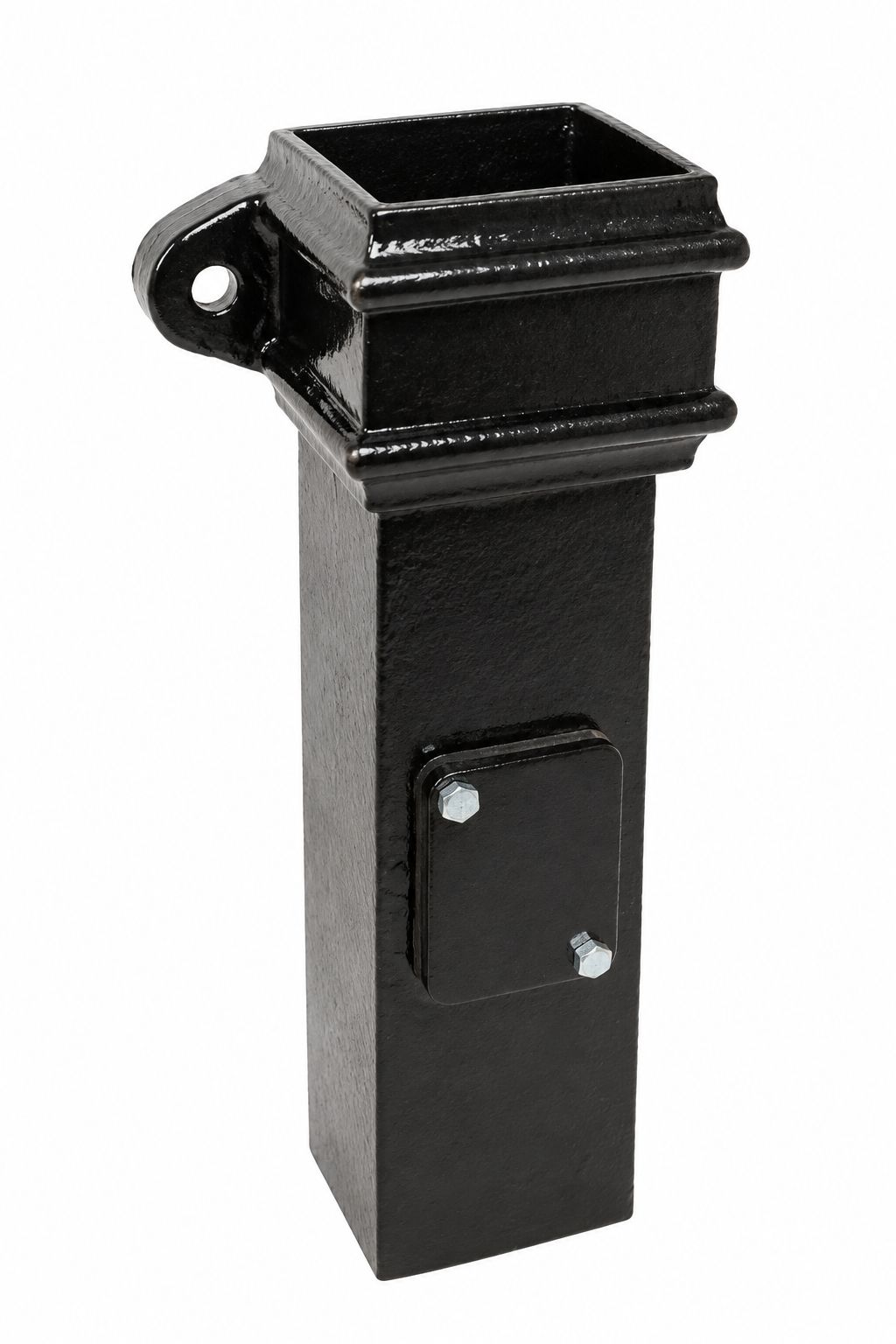 Cast iron square downpipe access pipe, eared, with bolted inspection door, Tuscan Foundry Products