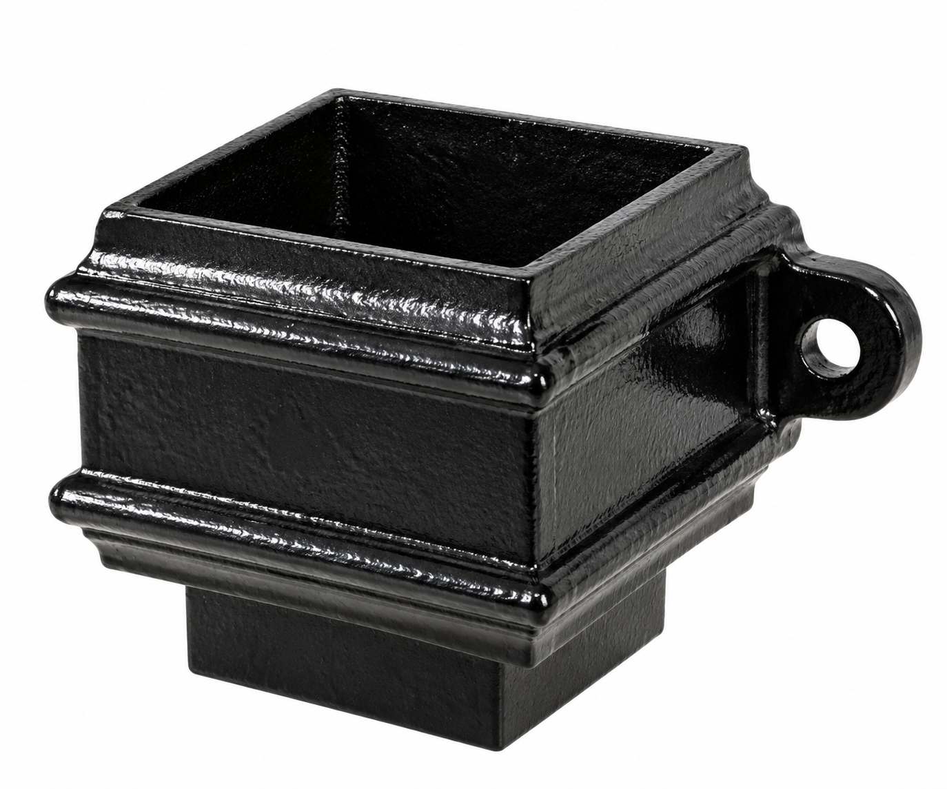 Cast iron square downpipe loose socket with spigot and fixing ear, Tuscan Foundry Products
