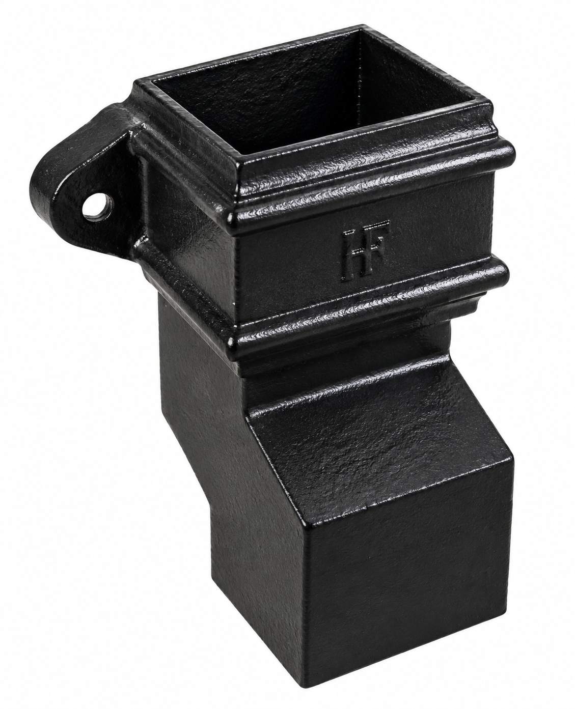 Cast iron square downpipe 135 degree plinth offset with fixing ear, Tuscan Foundry Products