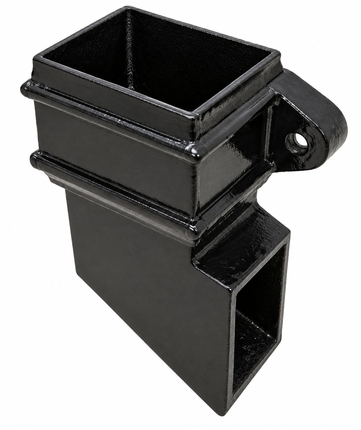 Cast iron square downpipe side outlet shoe with fixing ear, Tuscan Foundry Products
