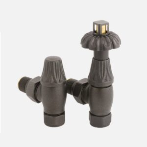 Clarendon ornate angled thermostatic radiator valve set with crown head, anthracite