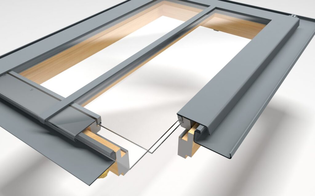 Cutaway illustration of a conservation rooflight showing the metal frame, glazing bar, double-glazed unit and timber lining