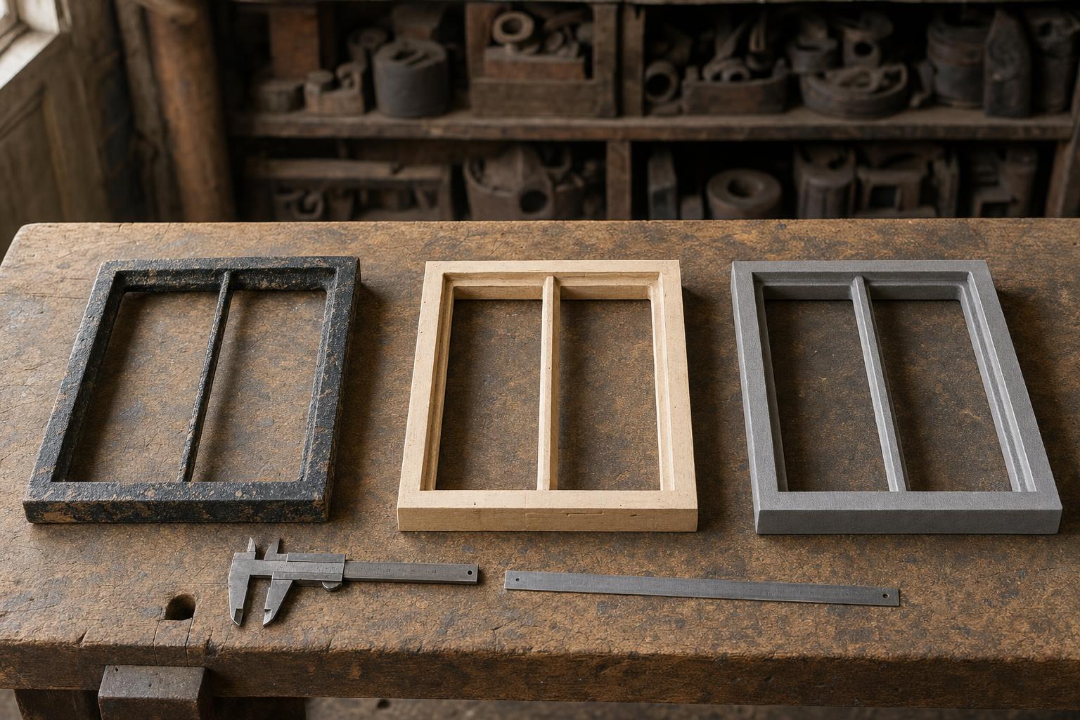 A worn original cast iron rooflight frame beside a timber foundry pattern and a new raw cast iron copy on a workbench.