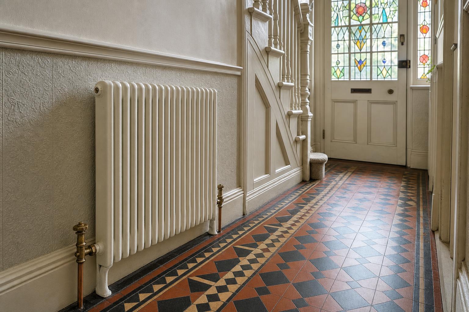 Slim Edwardian two-column cast iron radiator against the wall of a narrow Edwardian hallway with a tiled floor.