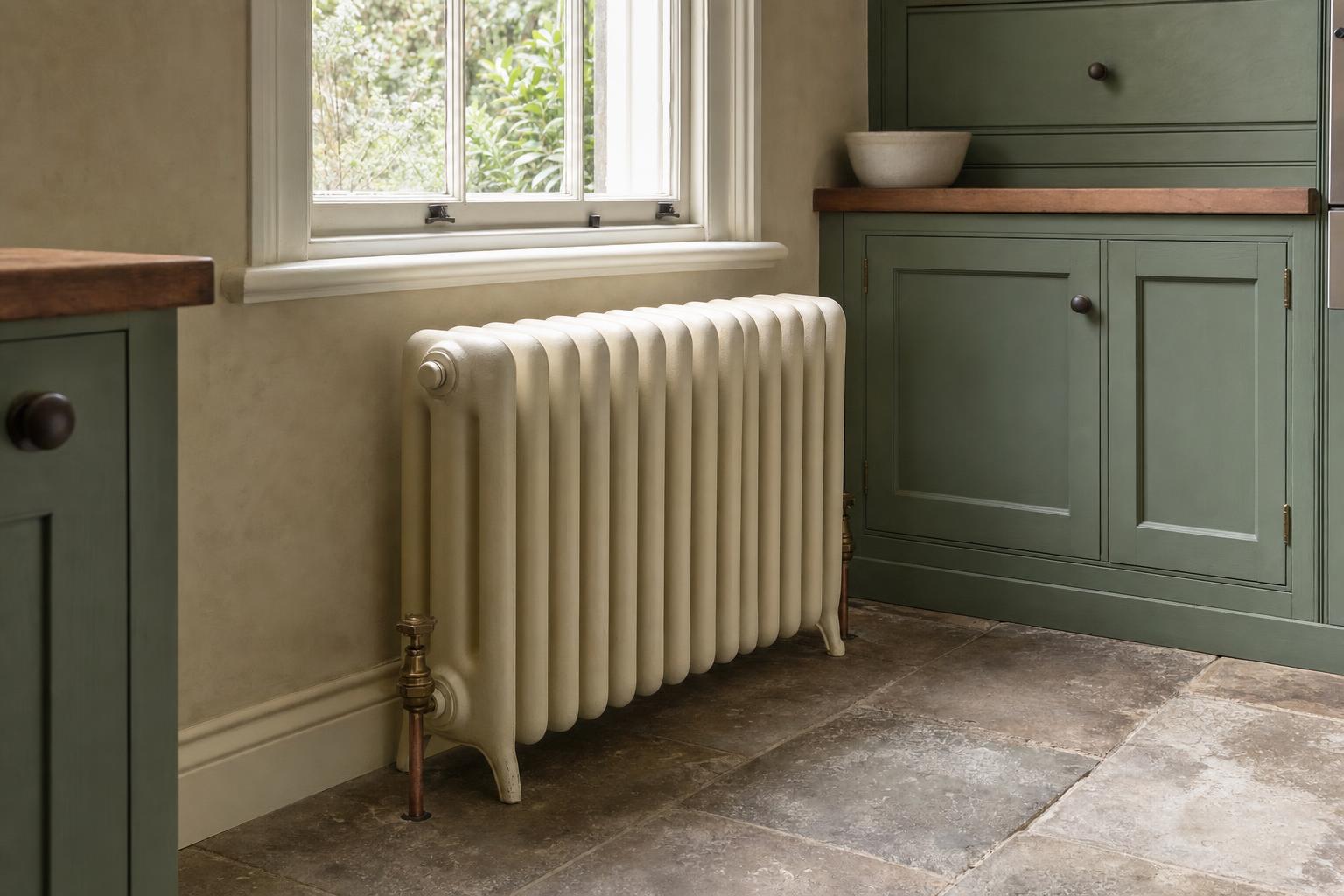 Deep Edwardian six-column cast iron radiator in cream under a window in a period house kitchen.