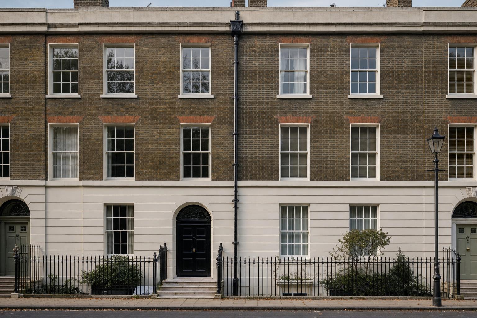 A Georgian terrace elevation with a continuous parapet hiding the roof, and cast iron rainwater heads below outlets in the parapet.