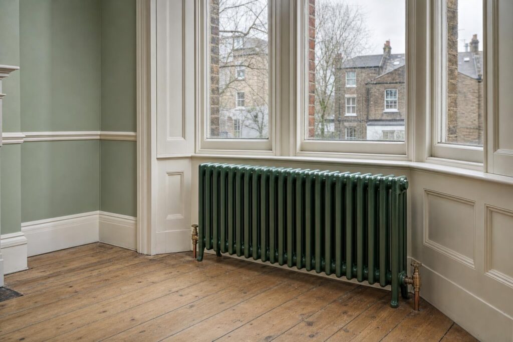 Floor-standing cast iron column radiator in the bay window of a Victorian sitting room below a low window board.