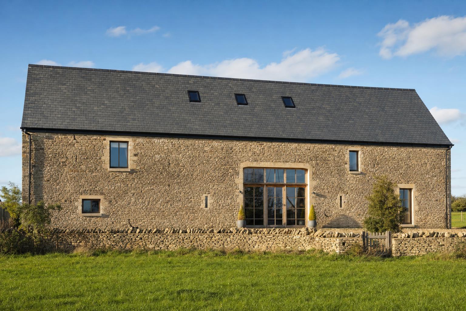 A converted stone barn with a small number of flush conservation rooflights set in a regular row on its slate roof.