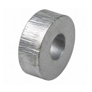 Galvanised metal pipe bobbin, a short cylindrical spacer with a central fixing hole, used behind the ears of a cast iron downpipe to hold it off the wall