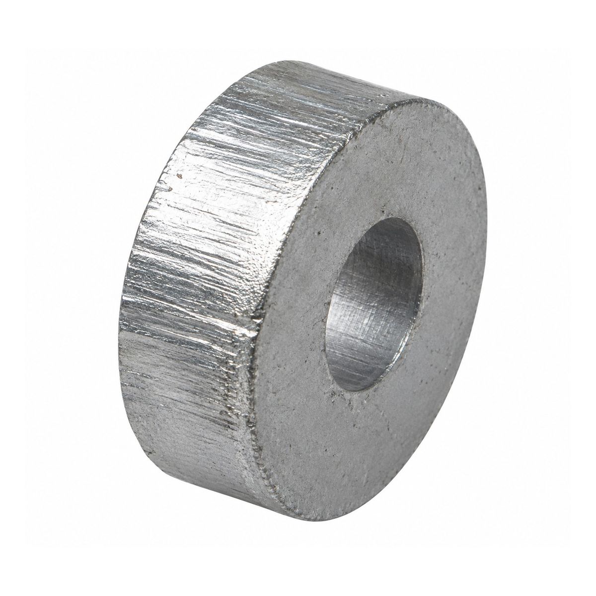 Galvanised metal pipe bobbin, a short cylindrical spacer with a central fixing hole, used behind the ears of a cast iron downpipe to hold it off the wall