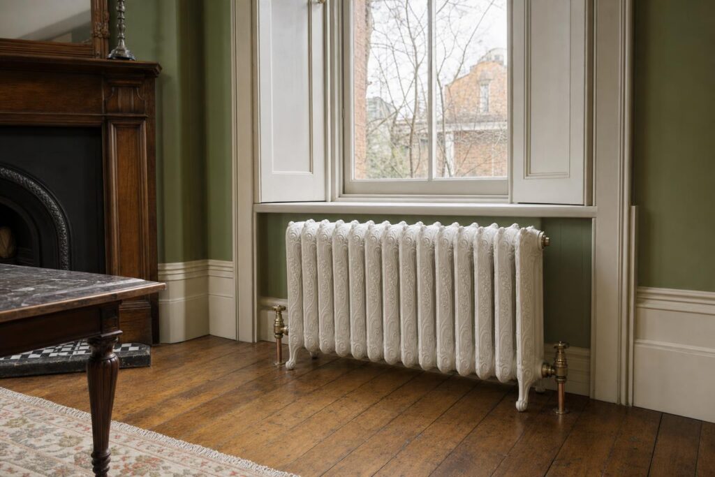 Nouveau Cast Iron Radiator – 760mm with scrolled relief in a period room.