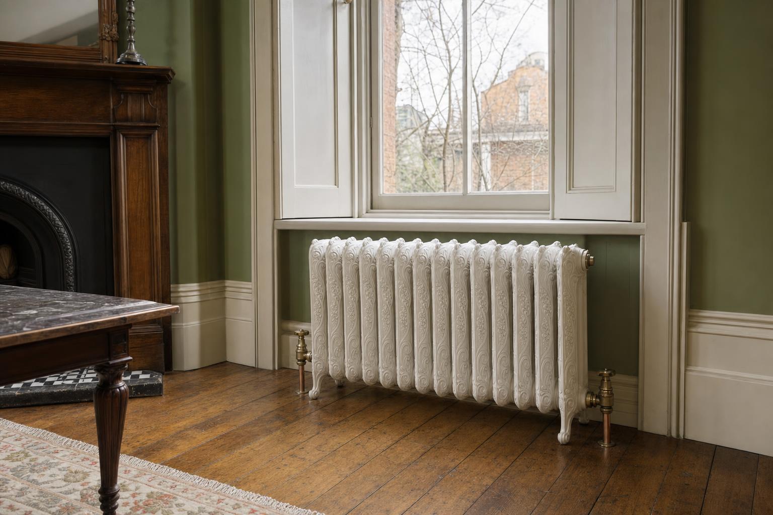 Nouveau Cast Iron Radiator – 760mm with scrolled relief in a period room.