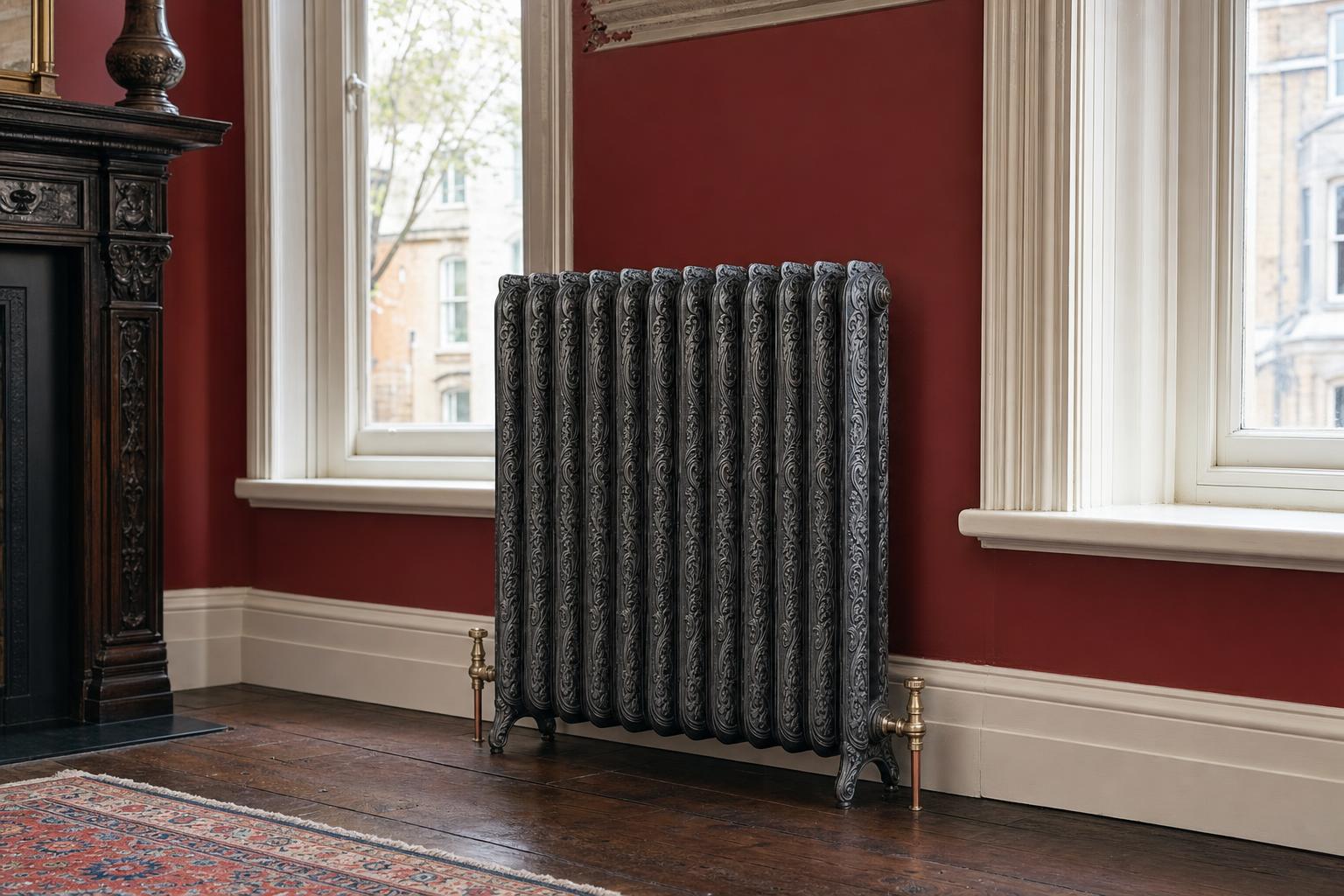 Nouveau Cast Iron Radiator – 954mm with scrolled relief in a period room.
