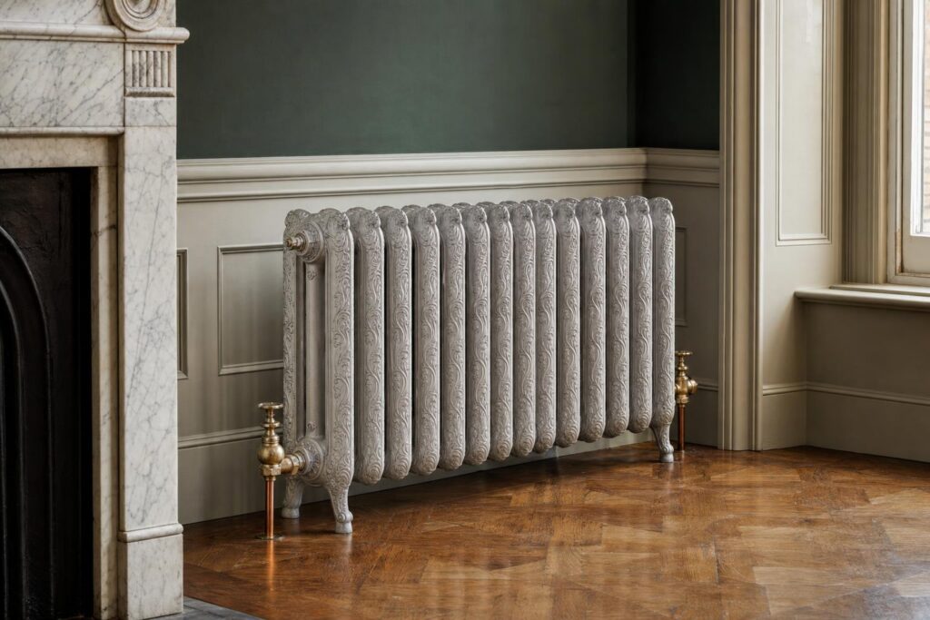 Ornate cast iron radiator with scrolled floral relief on every section, below the dado rail of a Victorian reception room.