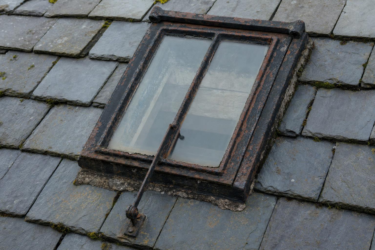 An original Victorian cast iron rooflight with flaking paint and surface corrosion in a Welsh slate roof, awaiting assessment for repair.