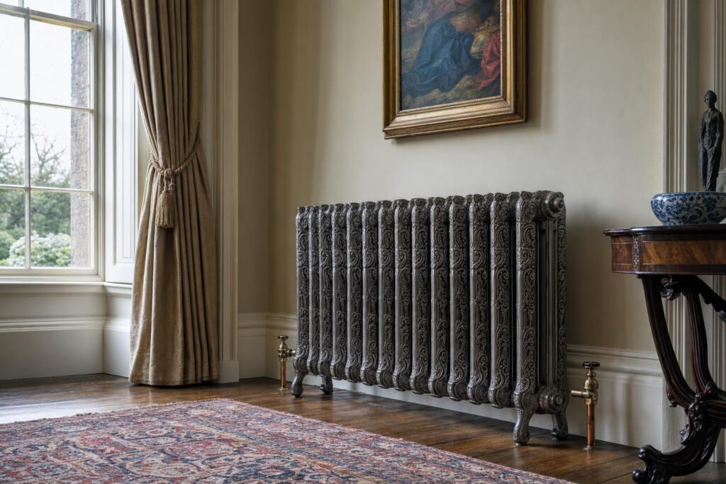 Large ornate three-column cast iron radiator with rococo relief in the drawing room of a country house.