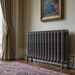 Large ornate three-column cast iron radiator with rococo relief in the drawing room of a country house.